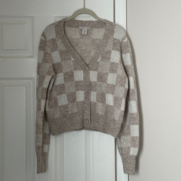 Sincerely Jules Cropped Checkboard Sweater White Cream Tan Size Large L Cardigan - Picture 1 of 6